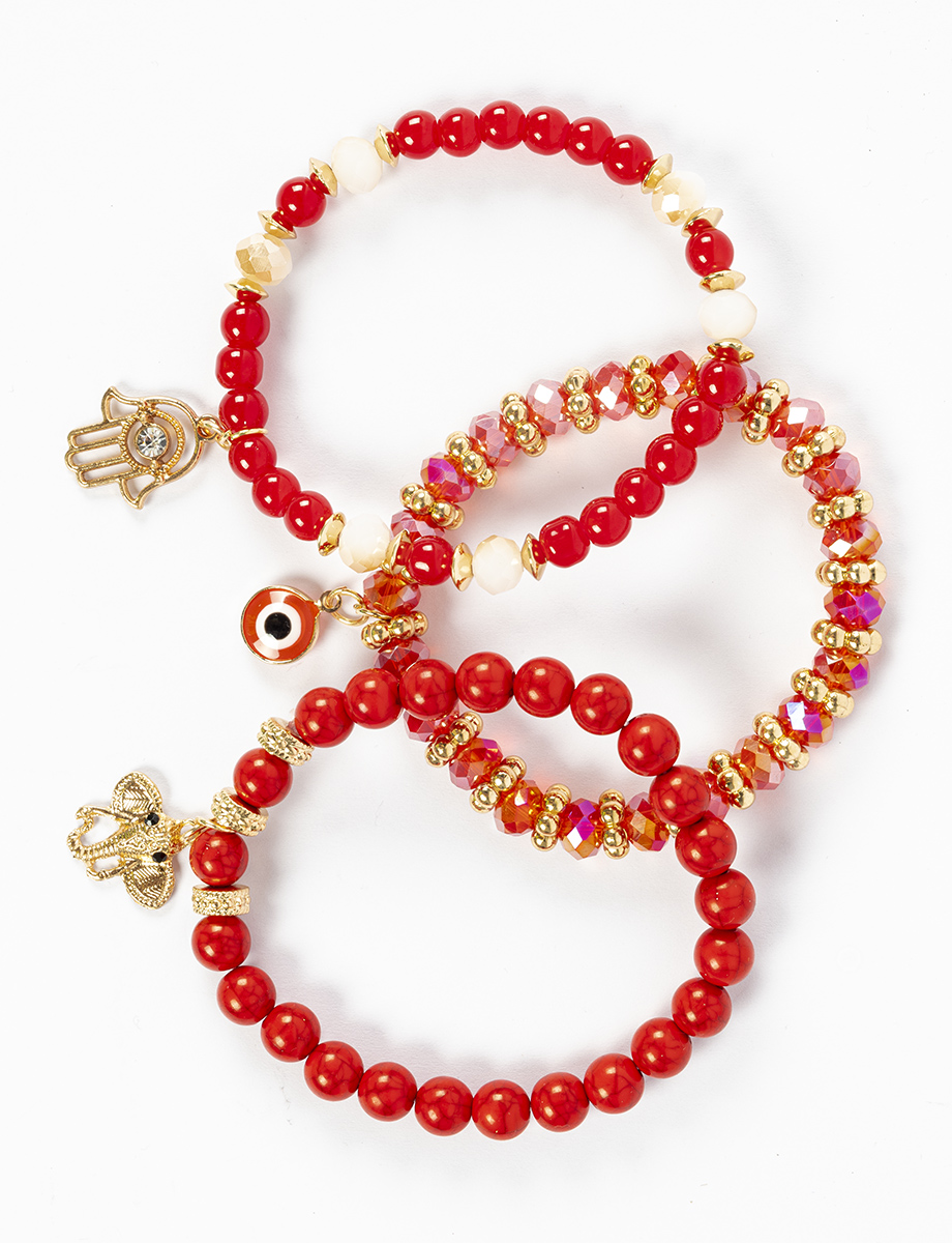 Pulsera x 3 perlas rojas con dijes