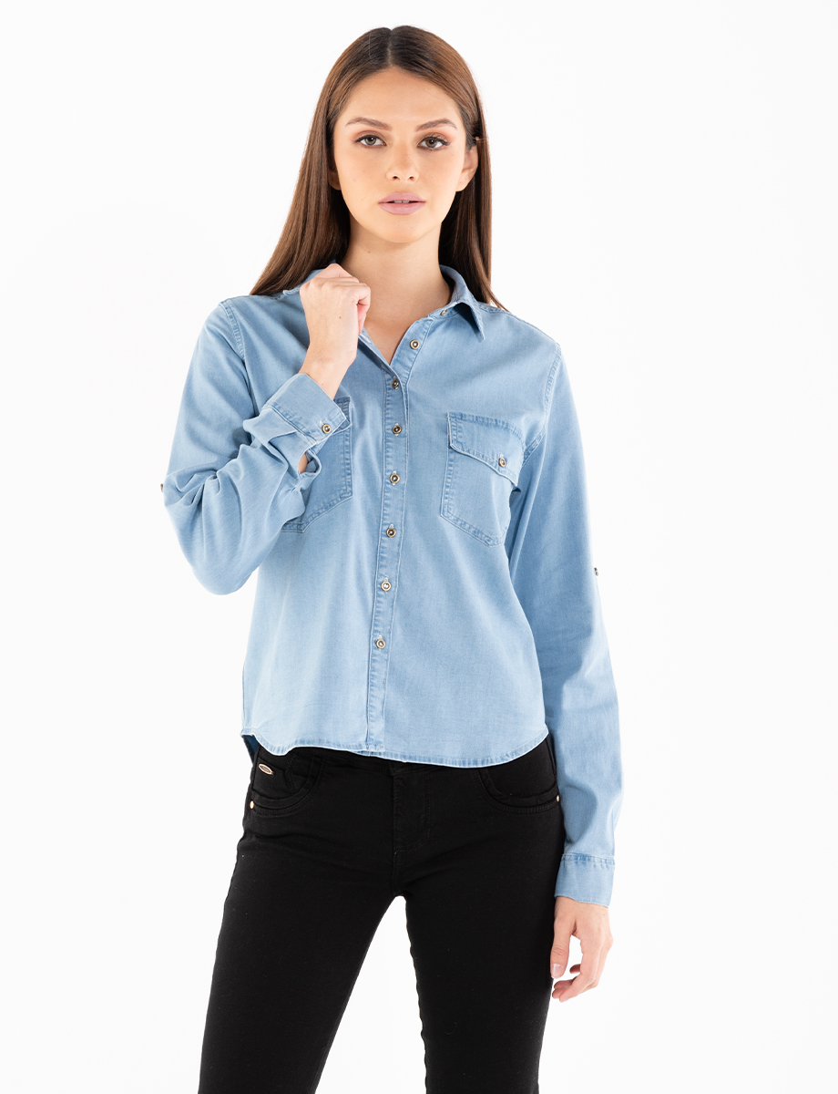 Blusa camisera manga larga azul medio