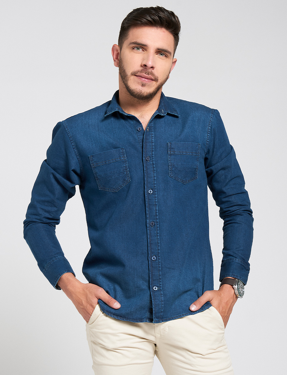 Camisa Denim manga larga azul medio