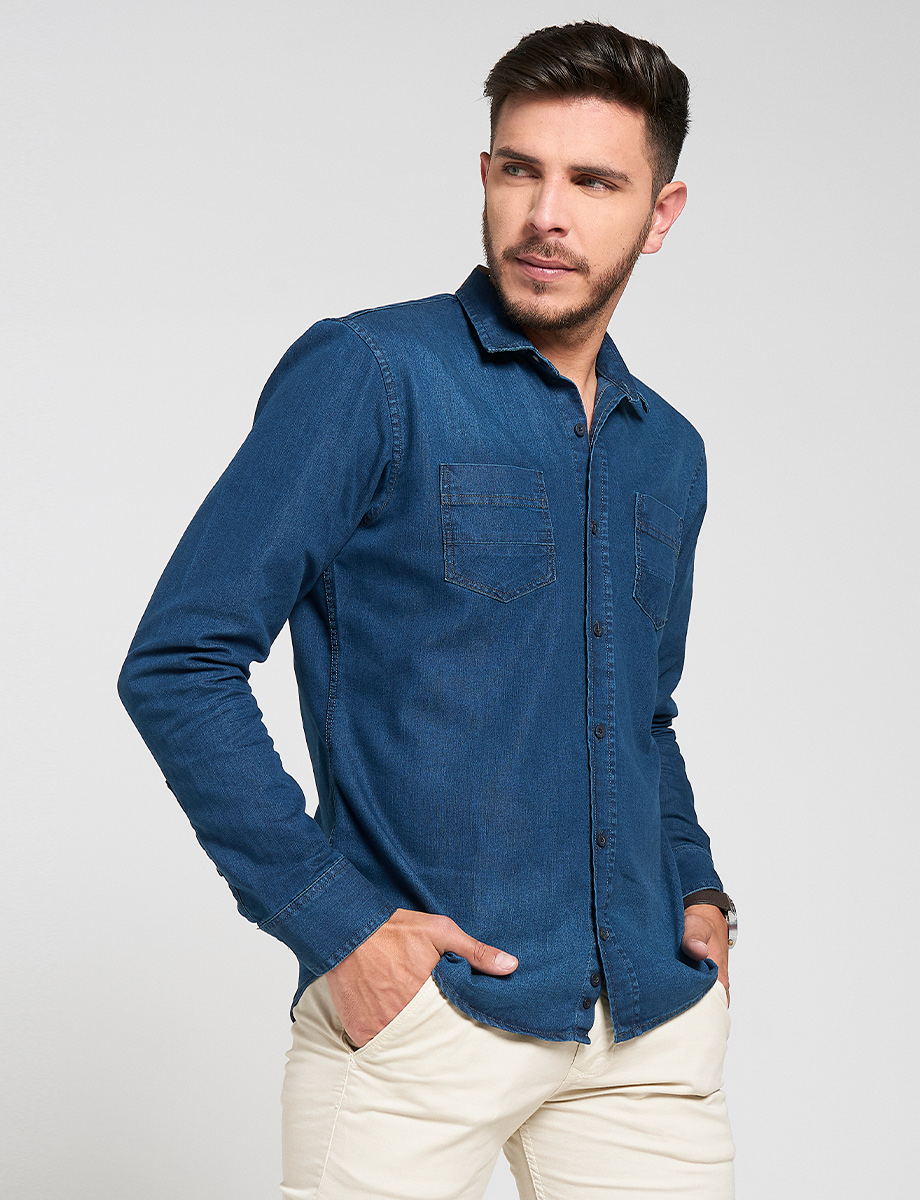 Camisa Denim manga larga azul medio