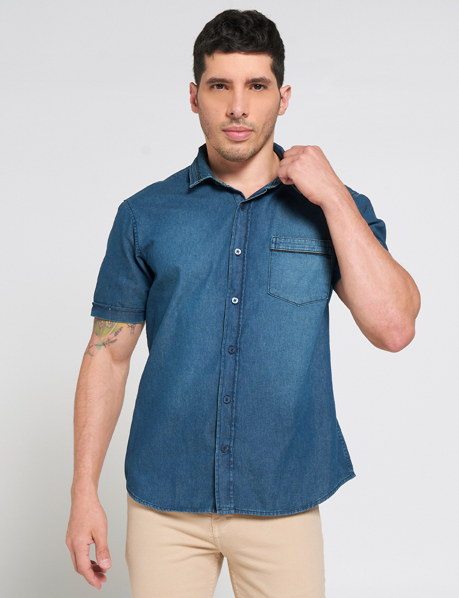 Camisa Denim con Lavados Manga Corta