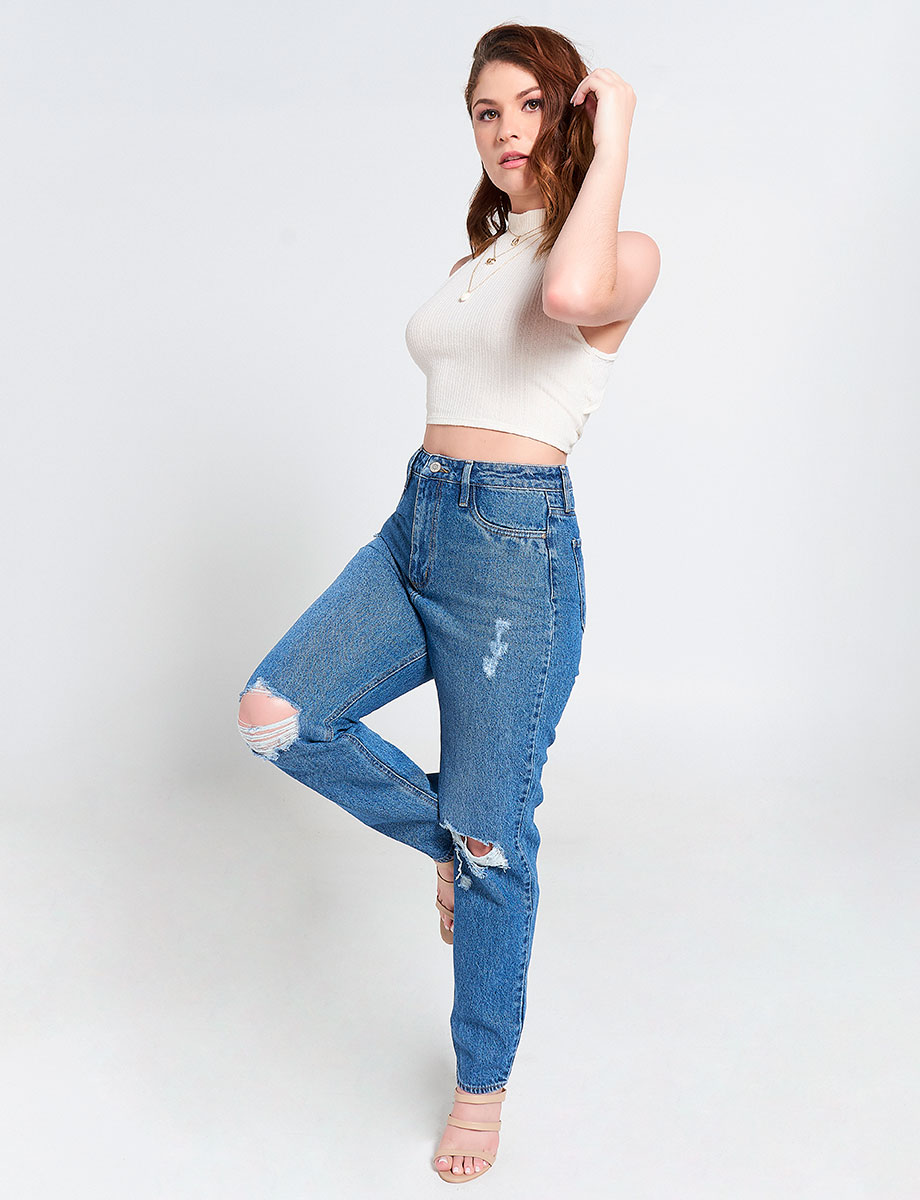 Jean Mom Rotos Azul Medio