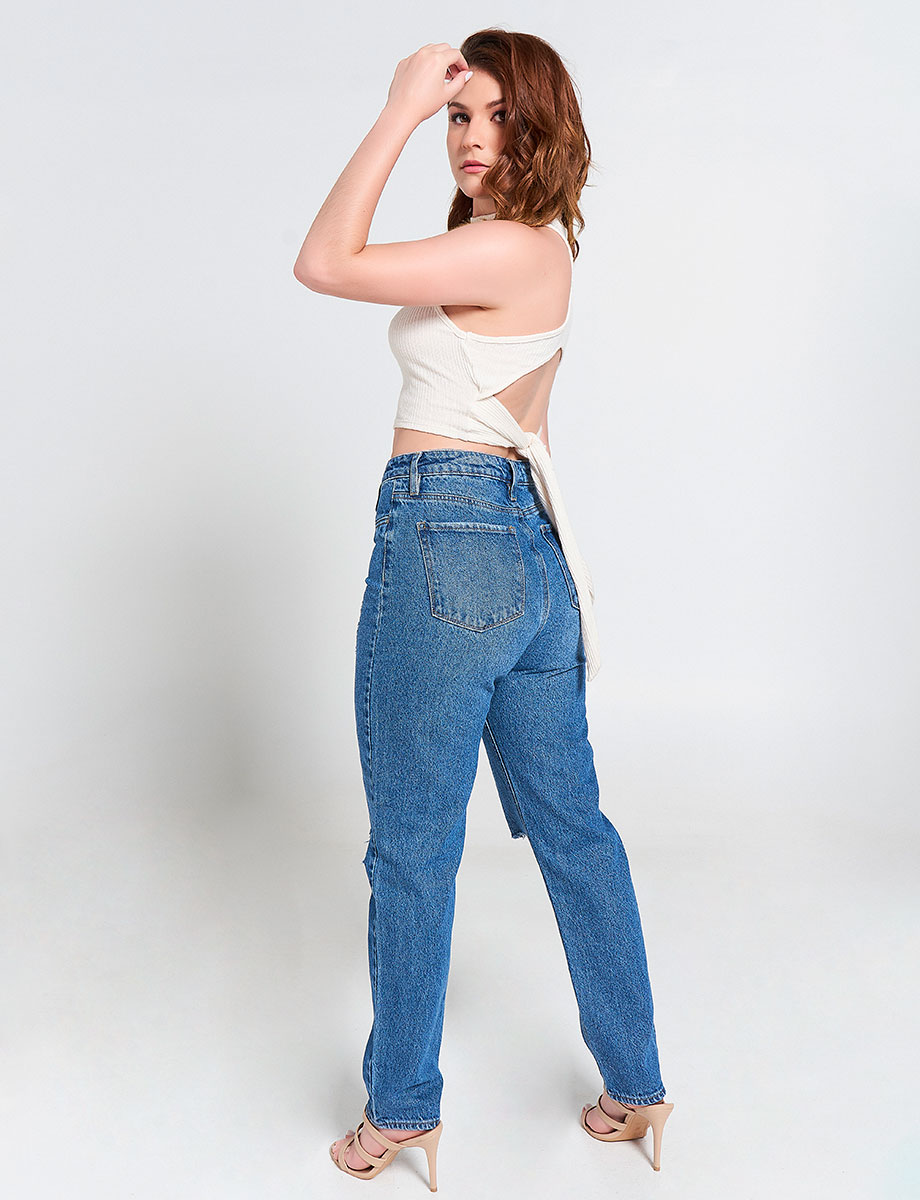 Jean Mom Rotos Azul Medio