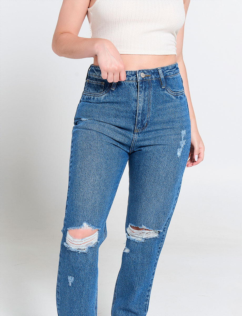Jean Mom Rotos Azul Medio