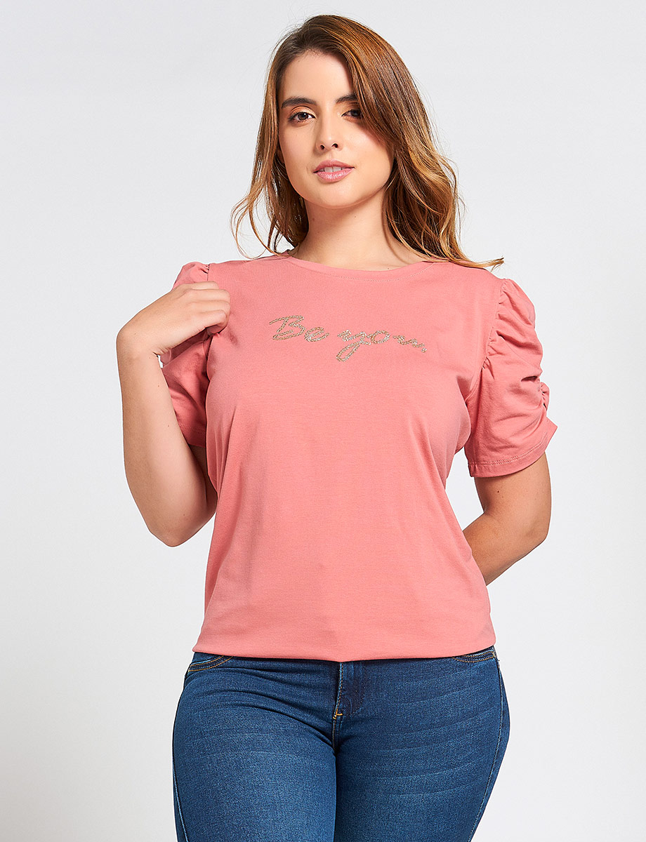 Camiseta Coral Manga Fruncida