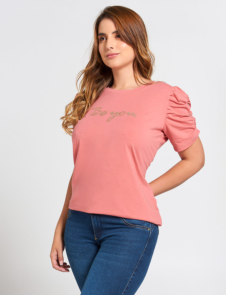 Camiseta Coral Manga Fruncida