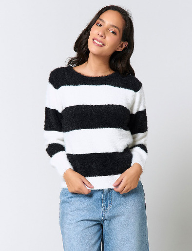 Sweater Afelpado Rayas Negro/Blanco