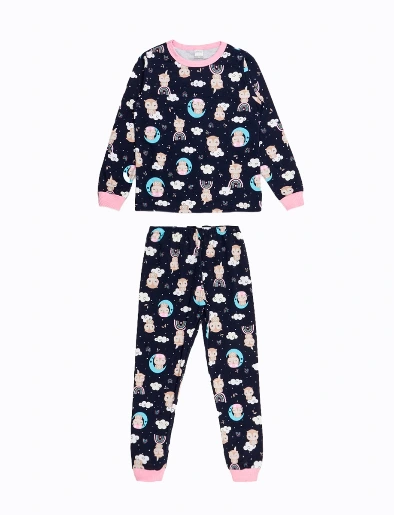 Pijama Buzo Estampado + Pantalón Azul Marino