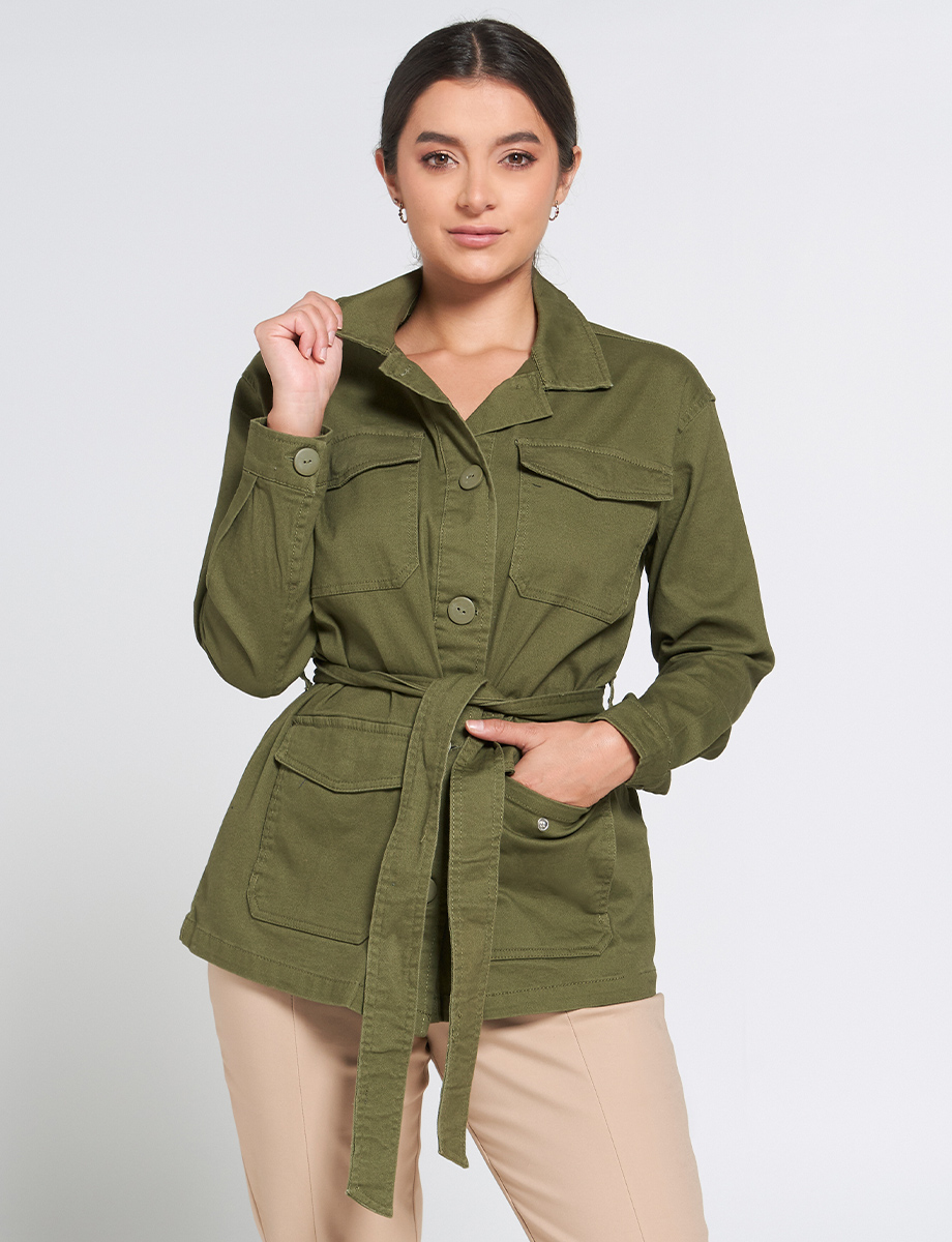 Chaqueta 3/4 Unicolor con Cinturón