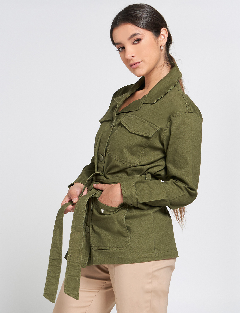 Chaqueta 3/4 Unicolor con Cinturón